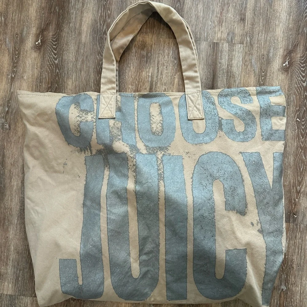 Y2K Choose Juicy Couture Tote Bag Distressed Silver Graphic Tan Canvas Large